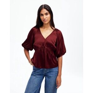 Madewell Medium Shirred Puff Sleeve Top Satin Cabernet V-Neck Empire Waist NWT